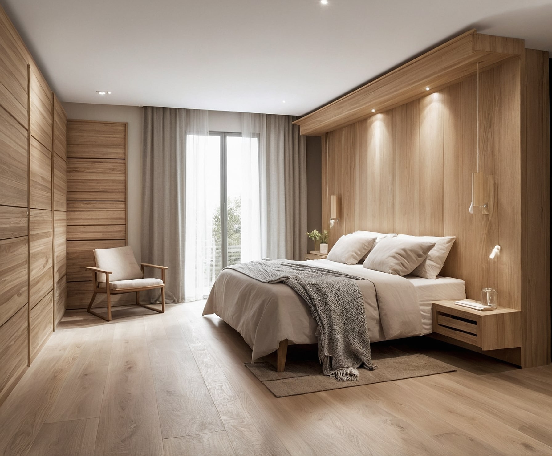 Armario empotrado de roble en dormitorio moderno.